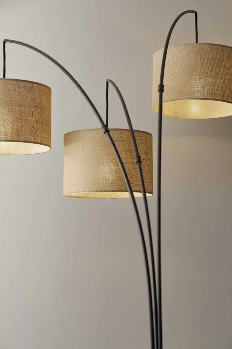 74" Bronze Three Light Tree Floor Lamp With Beige Burlap Drum Shade