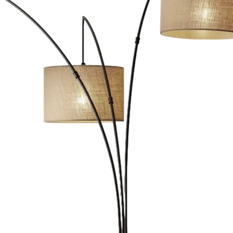 74" Bronze Three Light Tree Floor Lamp With Beige Burlap Drum Shade