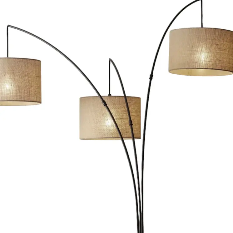 74" Bronze Three Light Tree Floor Lamp With Beige Burlap Drum Shade