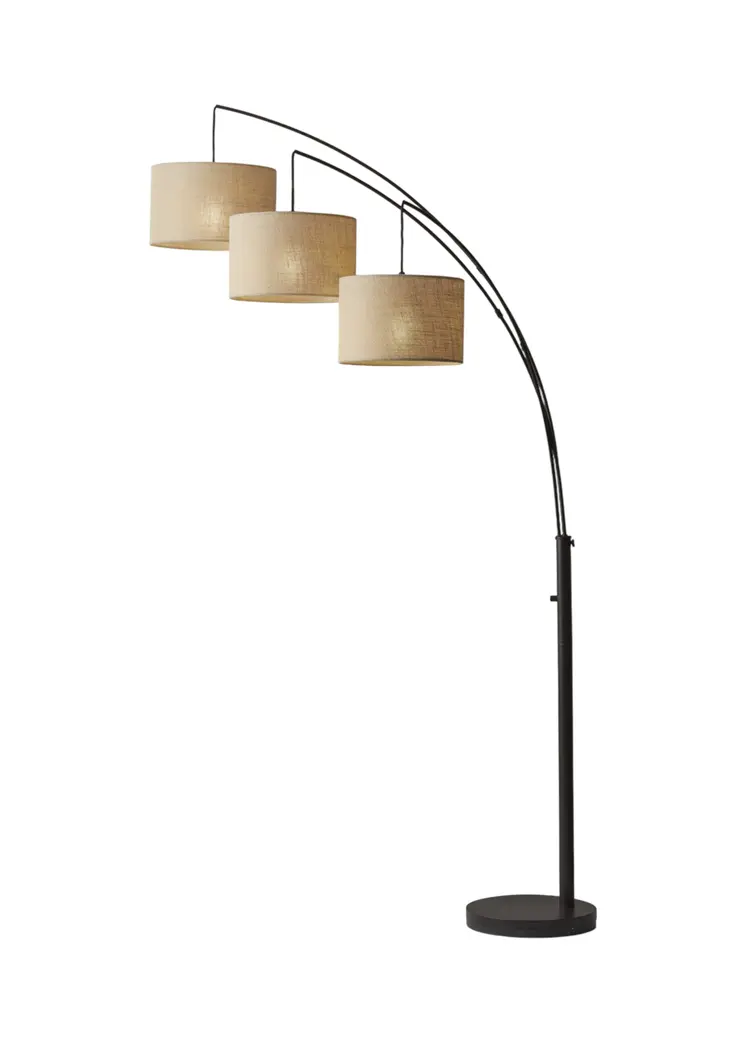 74" Bronze Three Light Tree Floor Lamp With Beige Burlap Drum Shade