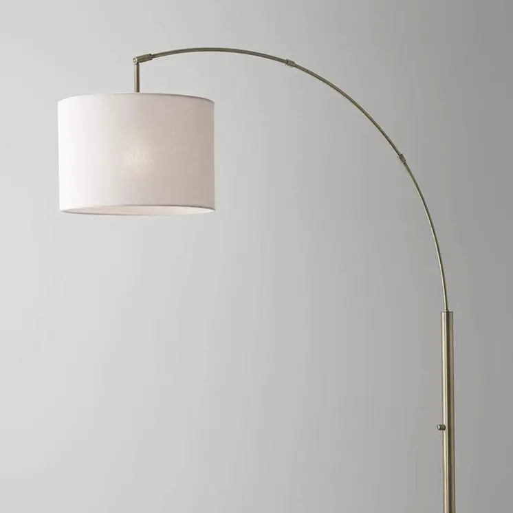 74" Brass Metal Arc Floor Lamp With Off White Linen Drum Shade