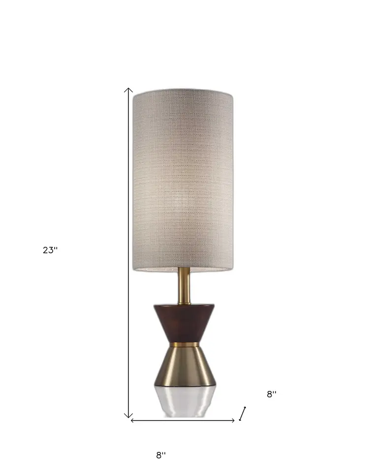 23" Brass Metal And Wood Table Lamp With Beige Drum Shade