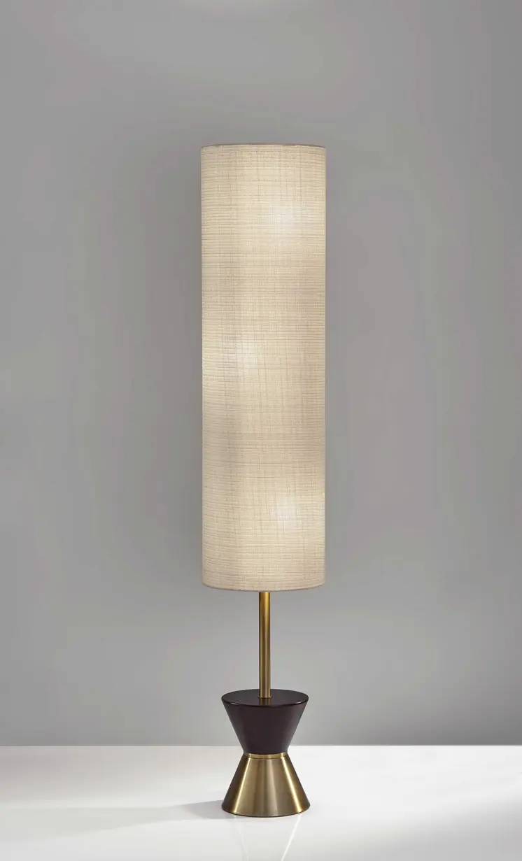 59" Brass Column With Beige Fabric Shade