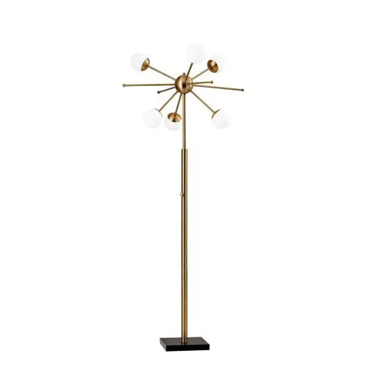 64" Brass Six Light LED Novelty Floor Lamp With White Glass Globe Shade