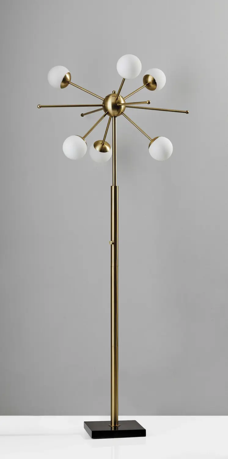 64" Brass Six Light LED Novelty Floor Lamp With White Glass Globe Shade