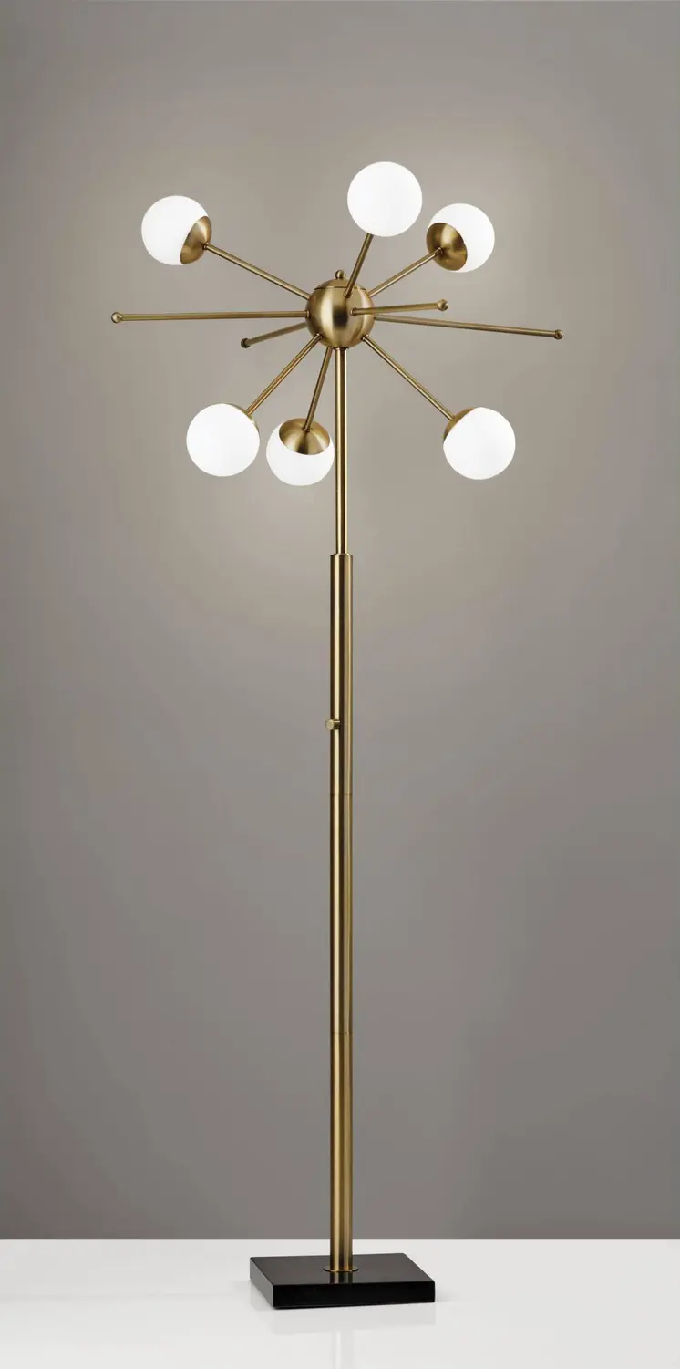 64" Brass Six Light LED Novelty Floor Lamp With White Glass Globe Shade