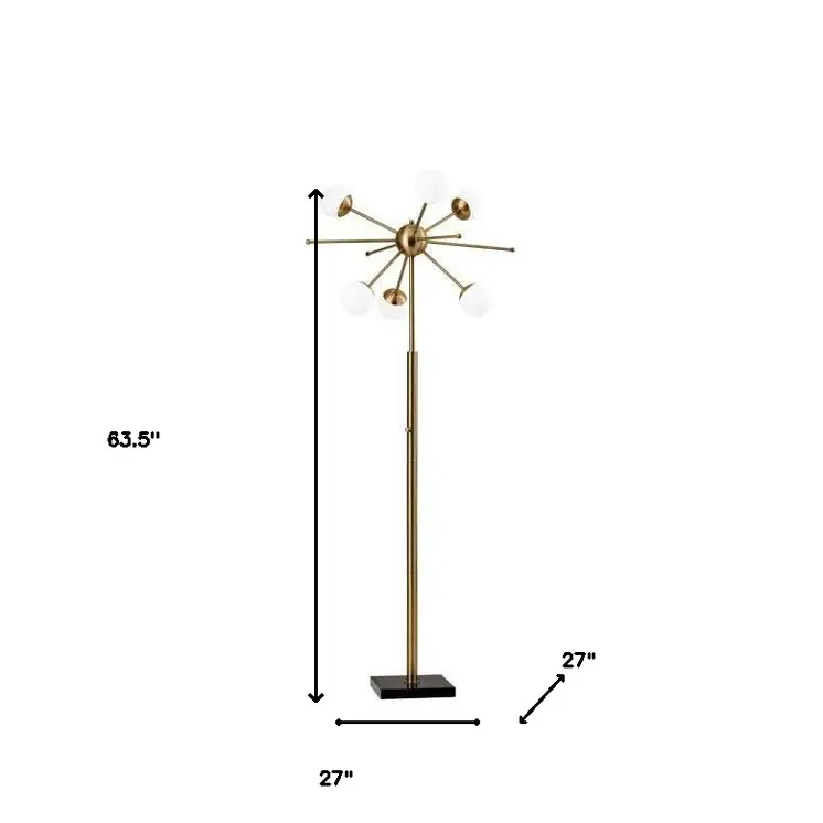 64" Brass Six Light LED Novelty Floor Lamp With White Glass Globe Shade