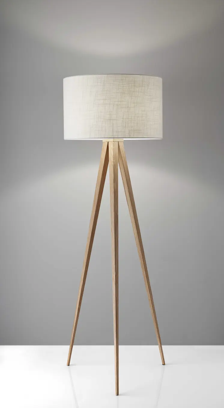 60" Natural Metal Tripod Floor Lamp With White Fabric Drum Shade
