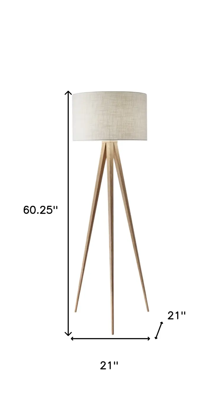 60" Natural Metal Tripod Floor Lamp With White Fabric Drum Shade