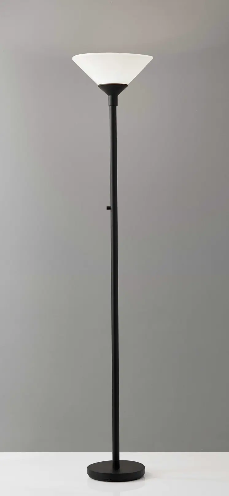 73" Black And White Torchiere Floor Lamp With White Acrylic Cone Shade