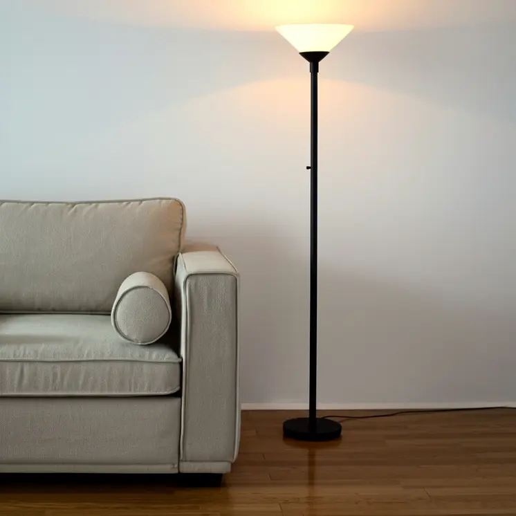 73" Black And White Torchiere Floor Lamp With White Acrylic Cone Shade