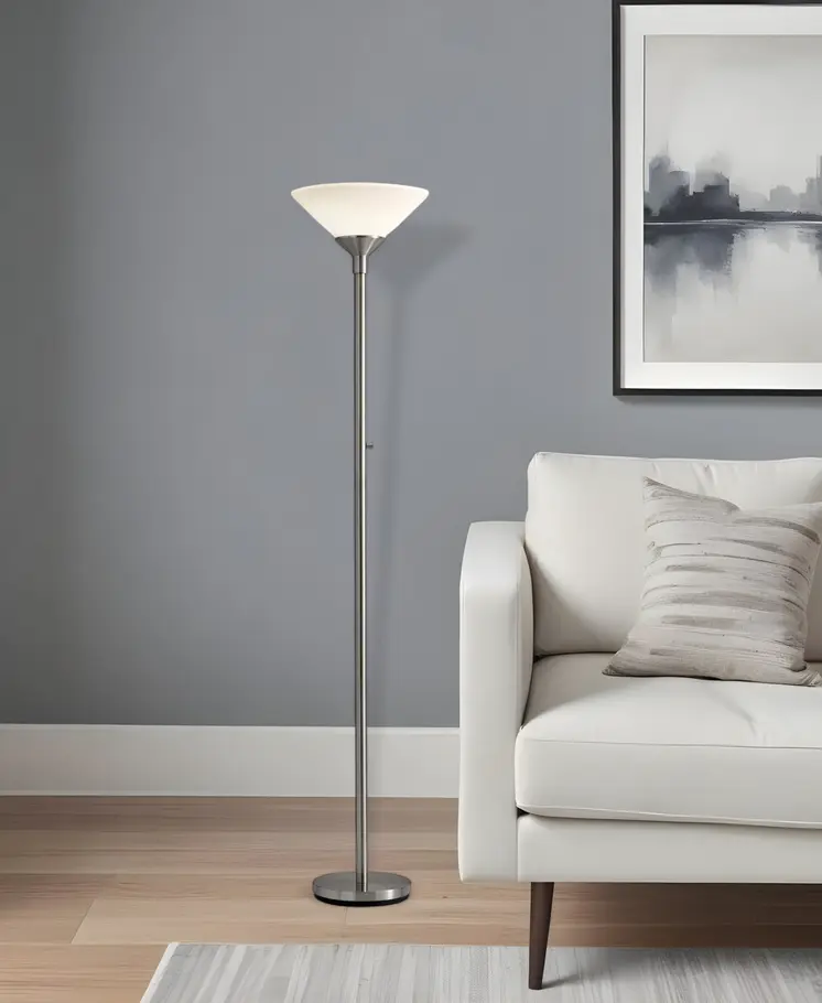 73" Silver Torchiere Floor Lamp With White Acrylic Cone Shade