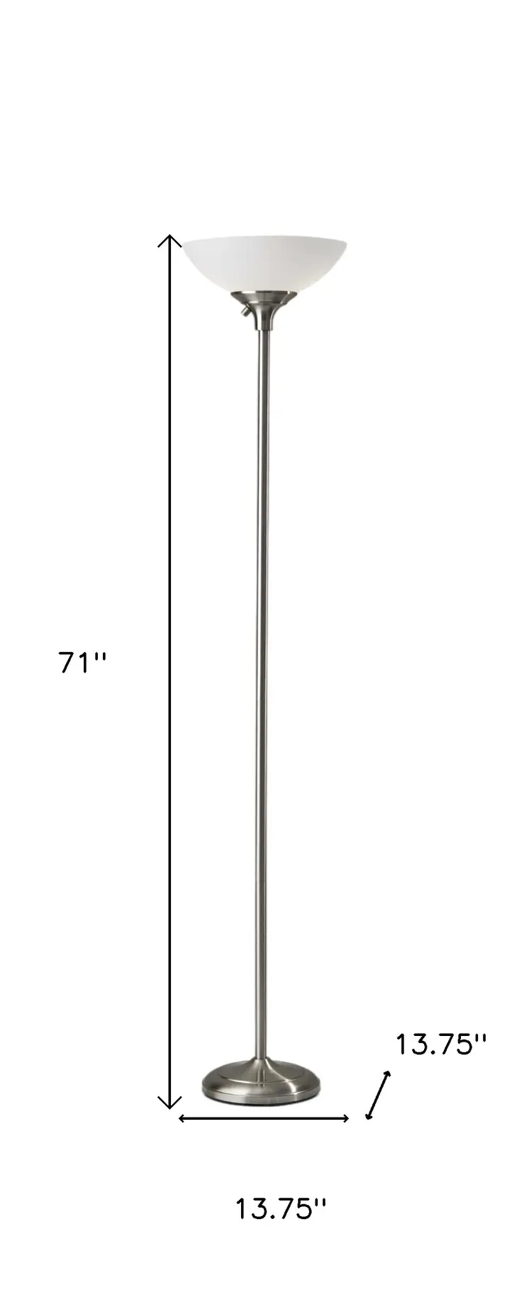 71" Silver Metal Torchiere Floor Lamp With White Bowl Shade