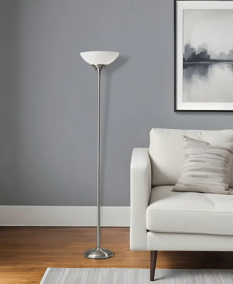 71" Silver Metal Torchiere Floor Lamp With White Bowl Shade