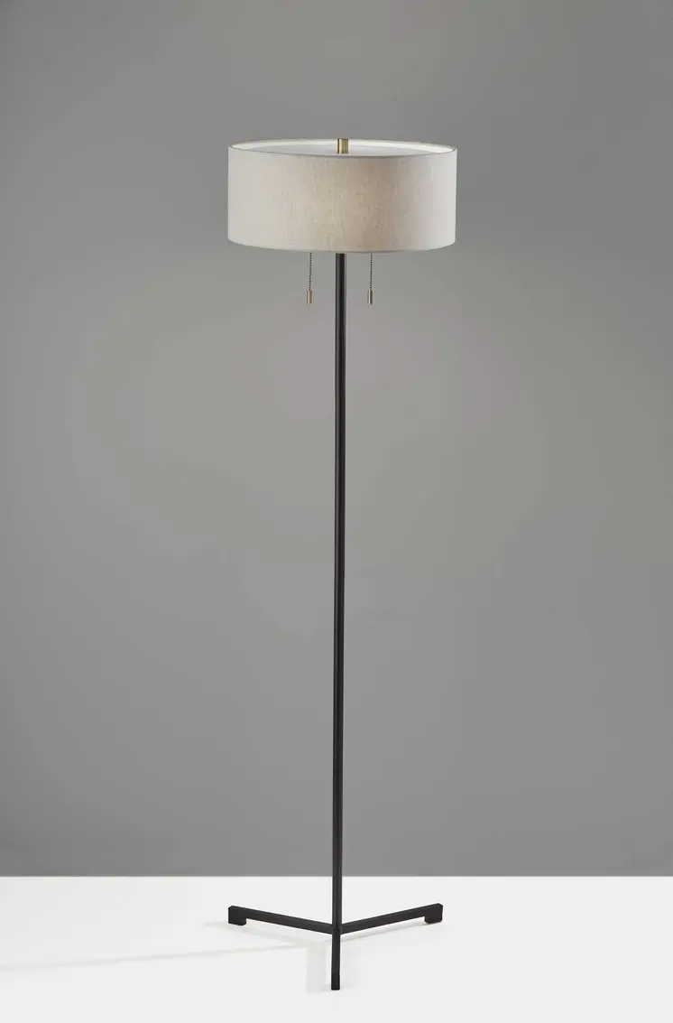 60" Black And White Floor Lamp With White Fabric Drum Shade