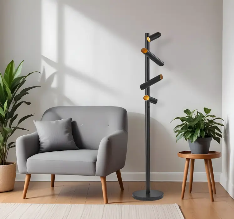 72" Black LED Tree Floor Lamp With Four Black Metal Cylinder Shades