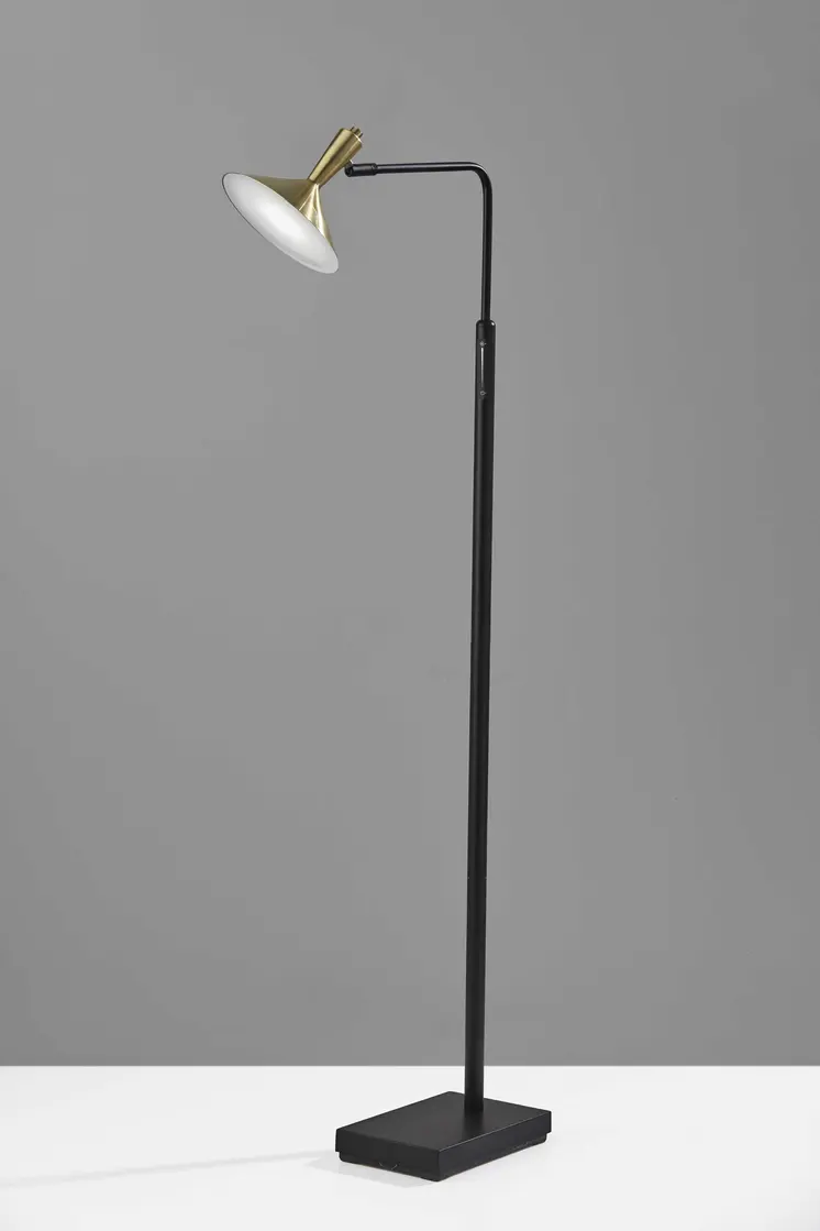 54" Black And Gold Metal LED Task Floor Lamp With Gold Metal Empire Shade