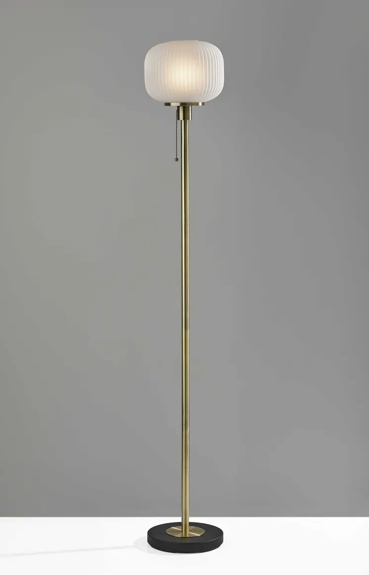 65" Brass Torchiere Floor Lamp With White Acrylic Globe Shade