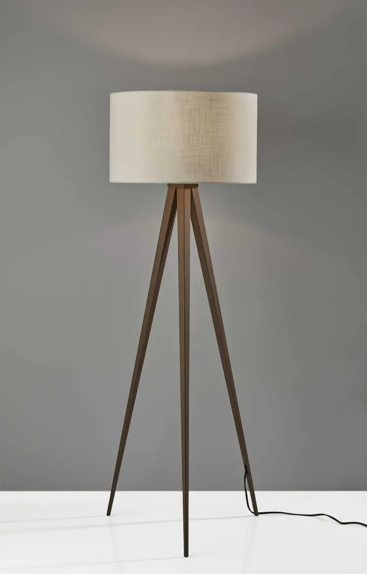 60" Brown And White Tripod Floor Lamp With White Linen Drum Shade