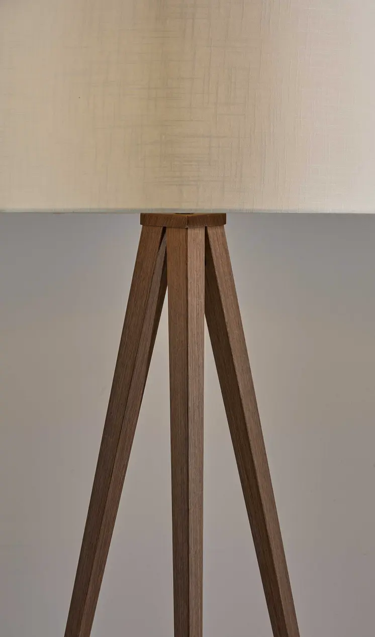 60" Brown And White Tripod Floor Lamp With White Linen Drum Shade