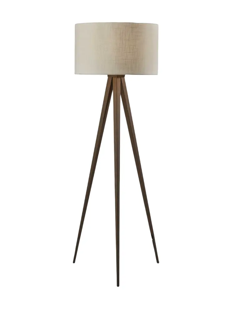 60" Brown And White Tripod Floor Lamp With White Linen Drum Shade