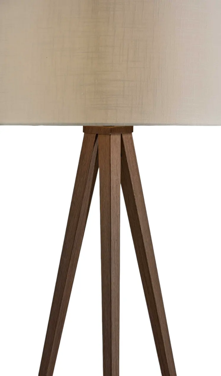 60" Brown And White Tripod Floor Lamp With White Linen Drum Shade