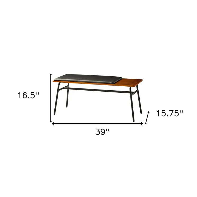 39" Brown and Black and Black Upholstered Faux Leather Bench
