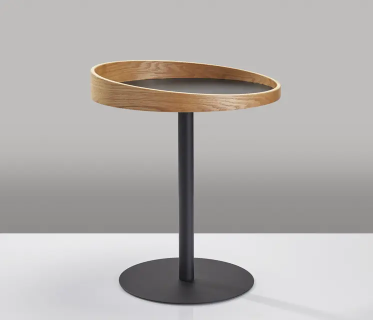 22" Black And Natural Wood And Metal Round Pedestal End Table