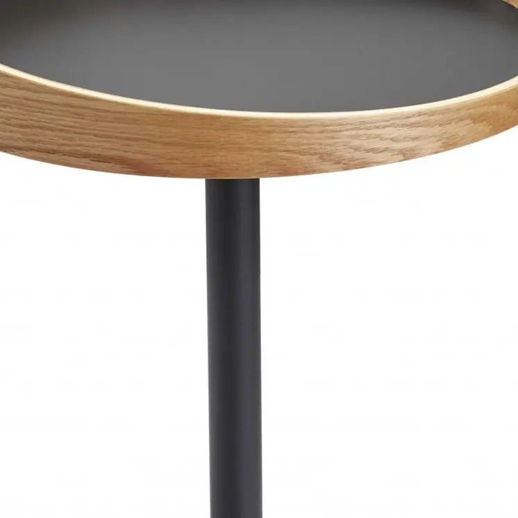 22" Black And Natural Wood And Metal Round Pedestal End Table