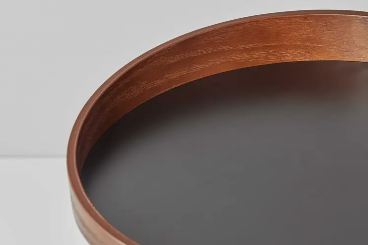 22" Black And Walnut Wood And Metal Round Pedestal End Table