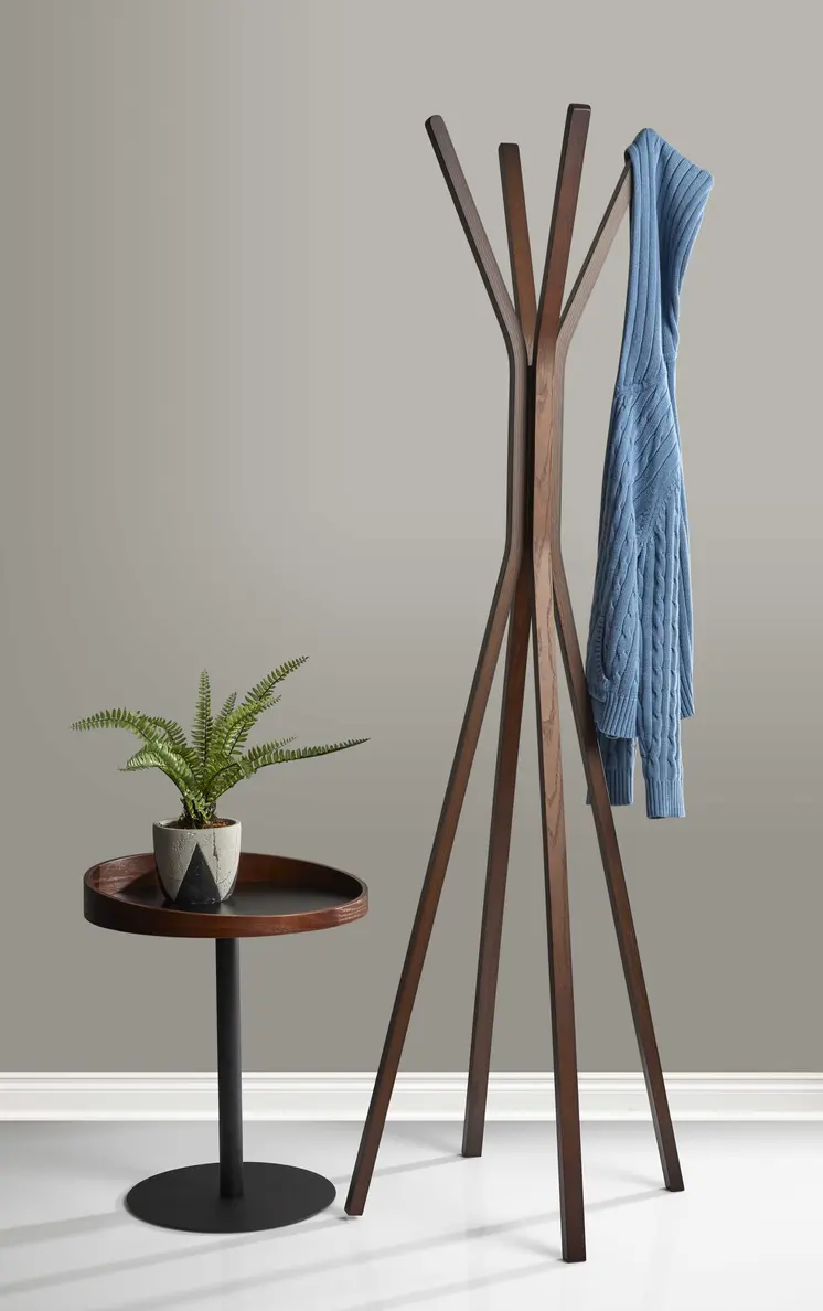 22" Black And Walnut Wood And Metal Round Pedestal End Table