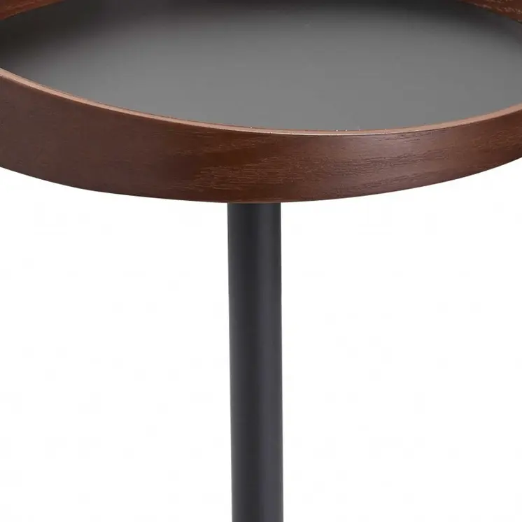 22" Black And Walnut Wood And Metal Round Pedestal End Table