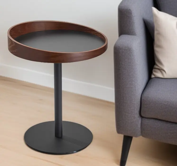 22" Black And Walnut Wood And Metal Round Pedestal End Table
