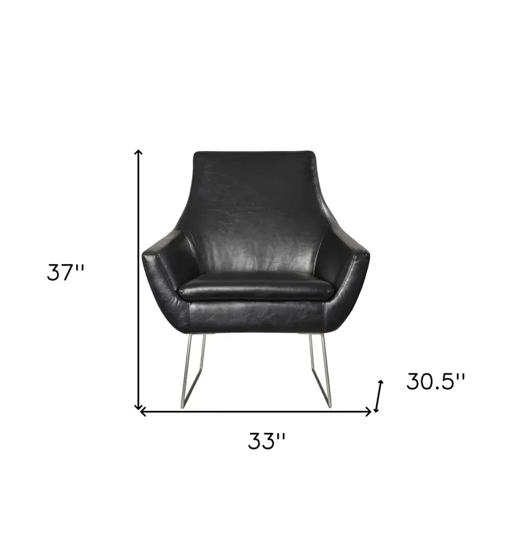 33" Black and Silver Faux Leather Distressed Arm Chair