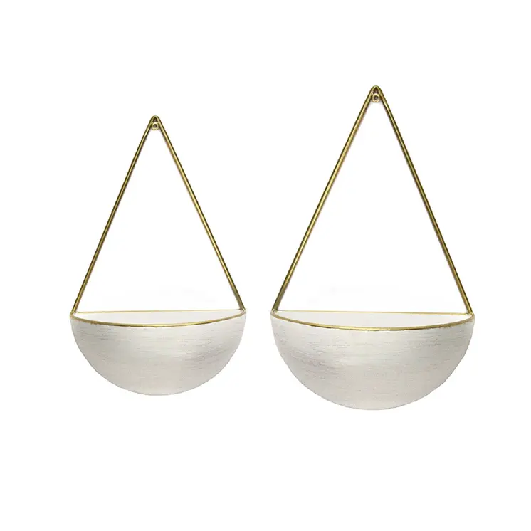 Set of Two Creamy White And Gold Round Metal Wall Planters