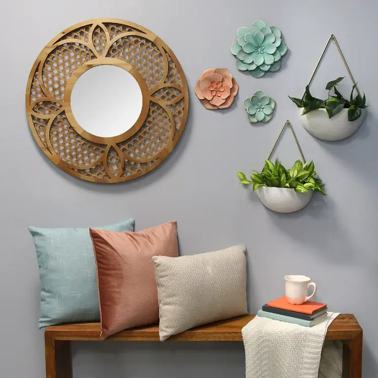 Set of Two Creamy White And Gold Round Metal Wall Planters