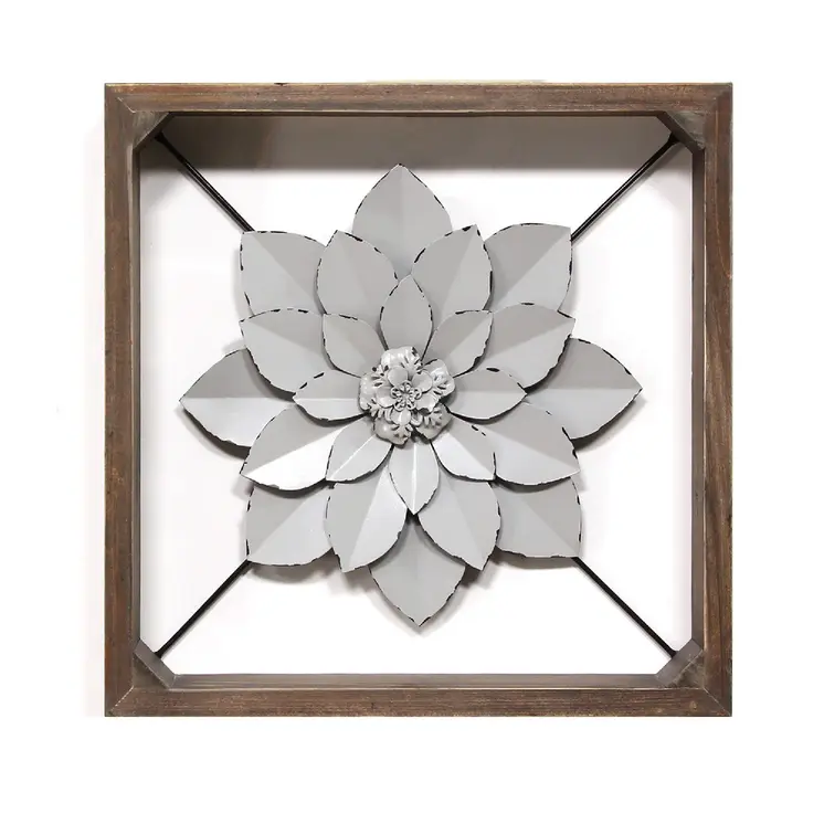 16" Brown And Gray Rustic Metal And Wood Floral Square Hanging Dimensional Sculpture
