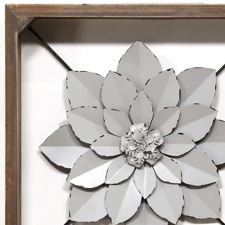 16" Brown And Gray Rustic Metal And Wood Floral Square Hanging Dimensional Sculpture