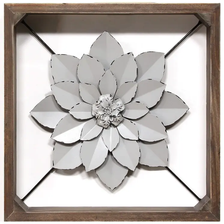 16" Brown And Gray Rustic Metal And Wood Floral Square Hanging Dimensional Sculpture