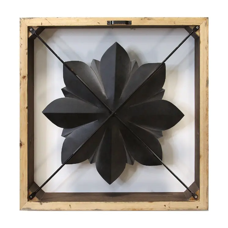 16" Brown And Gray Rustic Metal And Wood Floral Square Hanging Dimensional Sculpture