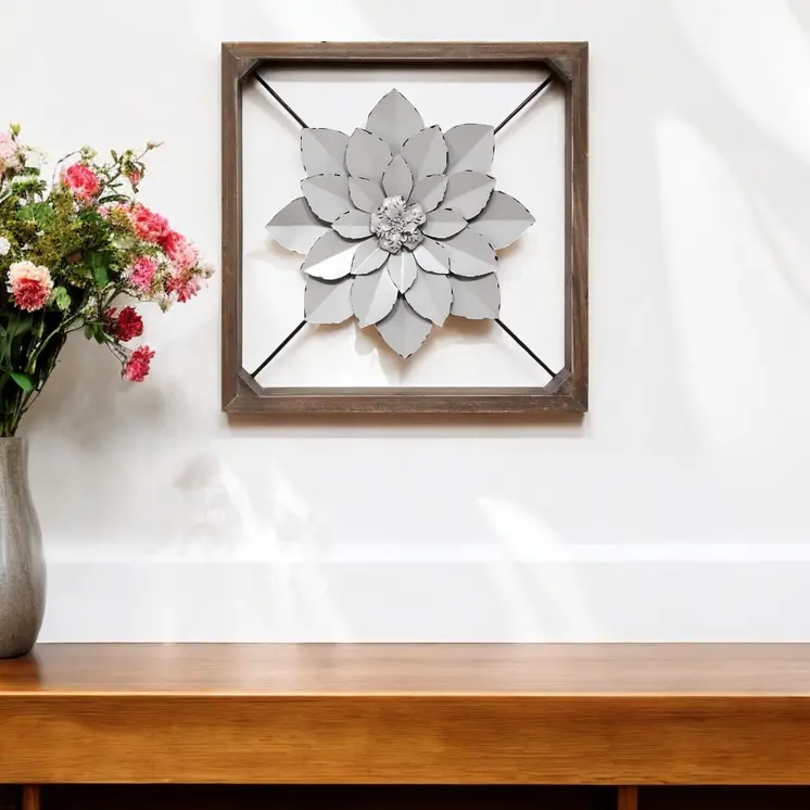 16" Brown And Gray Rustic Metal And Wood Floral Square Hanging Dimensional Sculpture