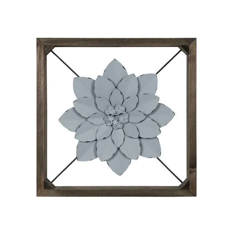 Pale Blue Metal Flower In Walnut Finish Frame