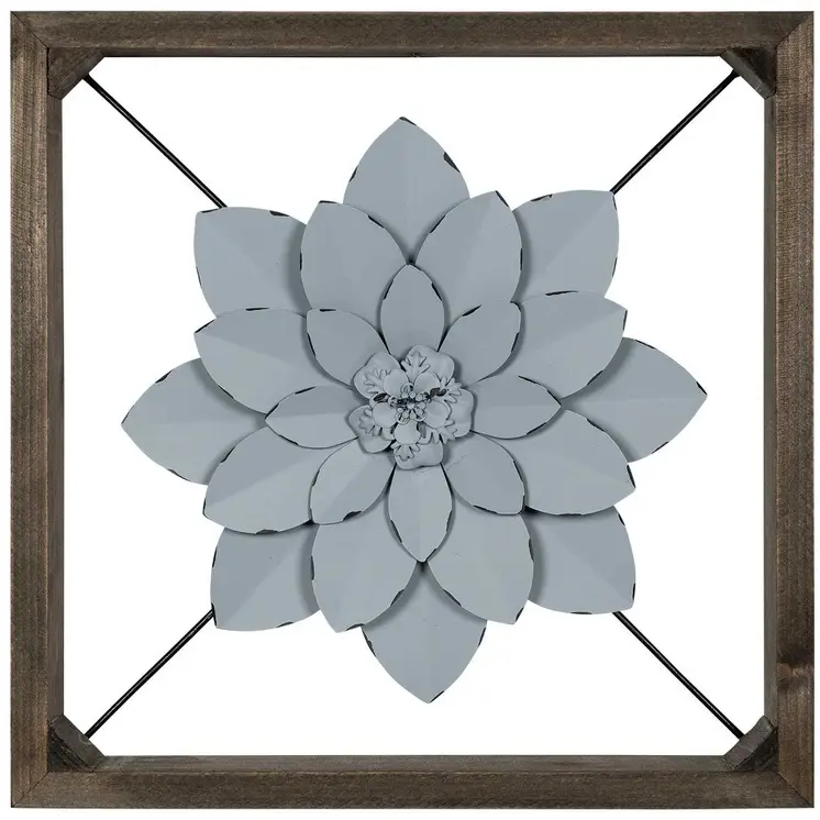 Pale Blue Metal Flower In Walnut Finish Frame
