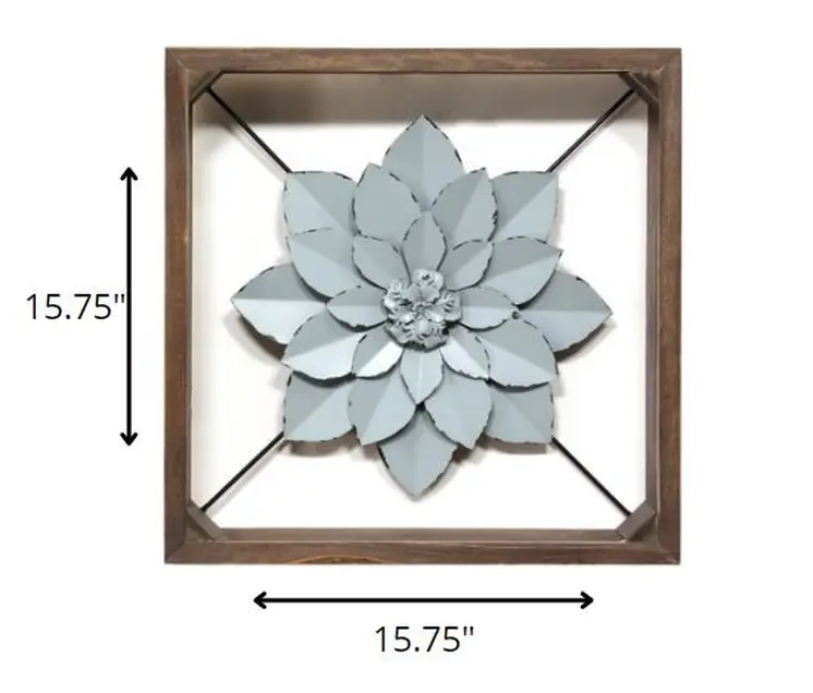 Pale Blue Metal Flower In Walnut Finish Frame