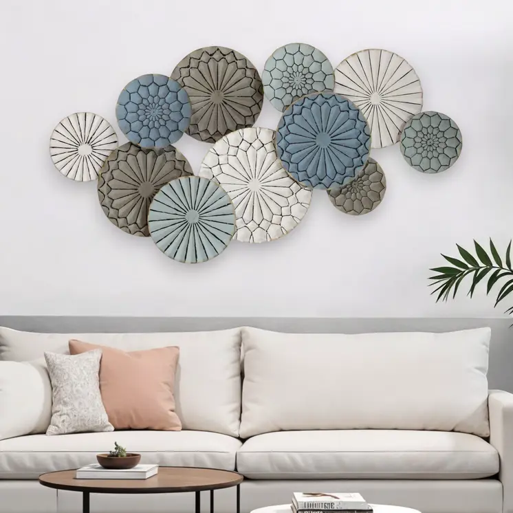 Boho Blue Green Ivory Metal Plates Wall Decor