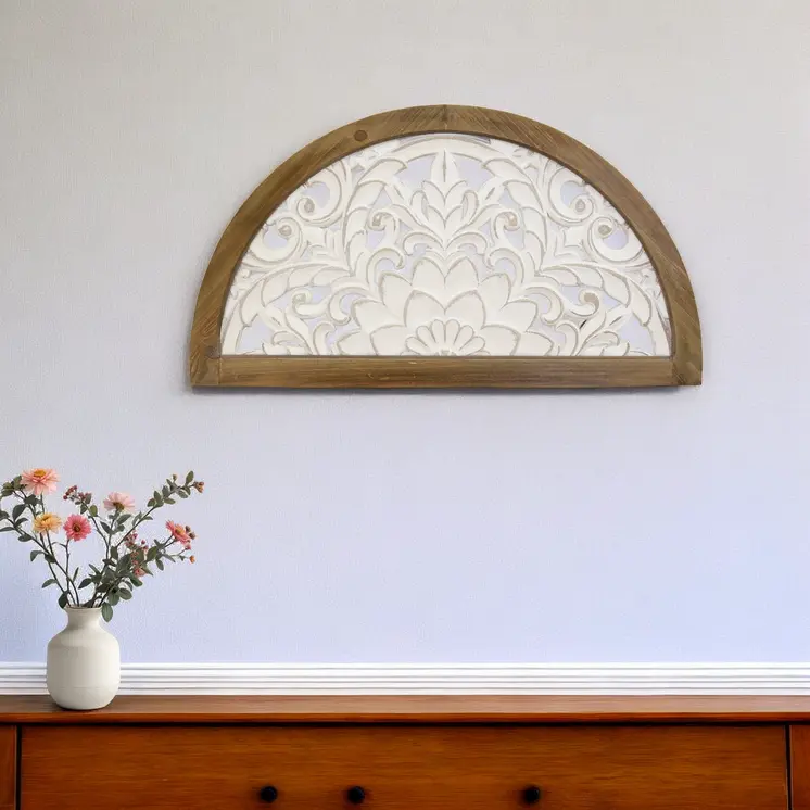 Distressed White And Natural Wood Scroll Design Over Door Wall Hanging
