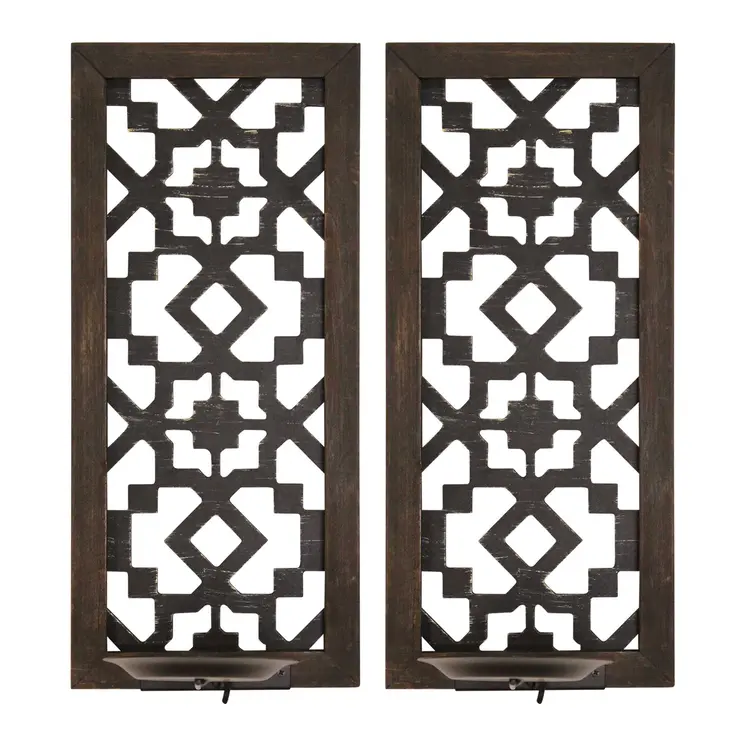 Set of Two Black Distressed Ornate Manufactured Wood And Metal Wall Sconce Candle Holders