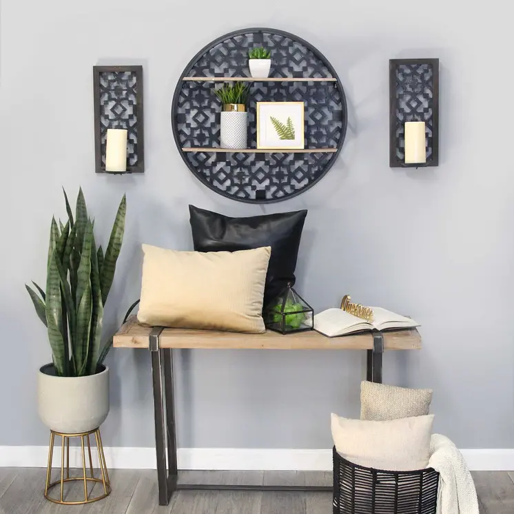 Set of Two Black Distressed Ornate Manufactured Wood And Metal Wall Sconce Candle Holders