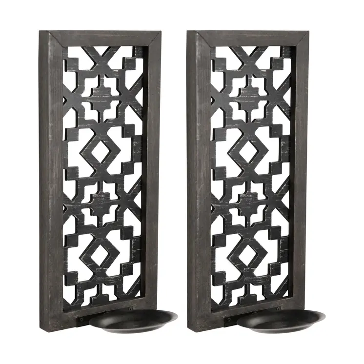 Set of Two Black Distressed Ornate Manufactured Wood And Metal Wall Sconce Candle Holders