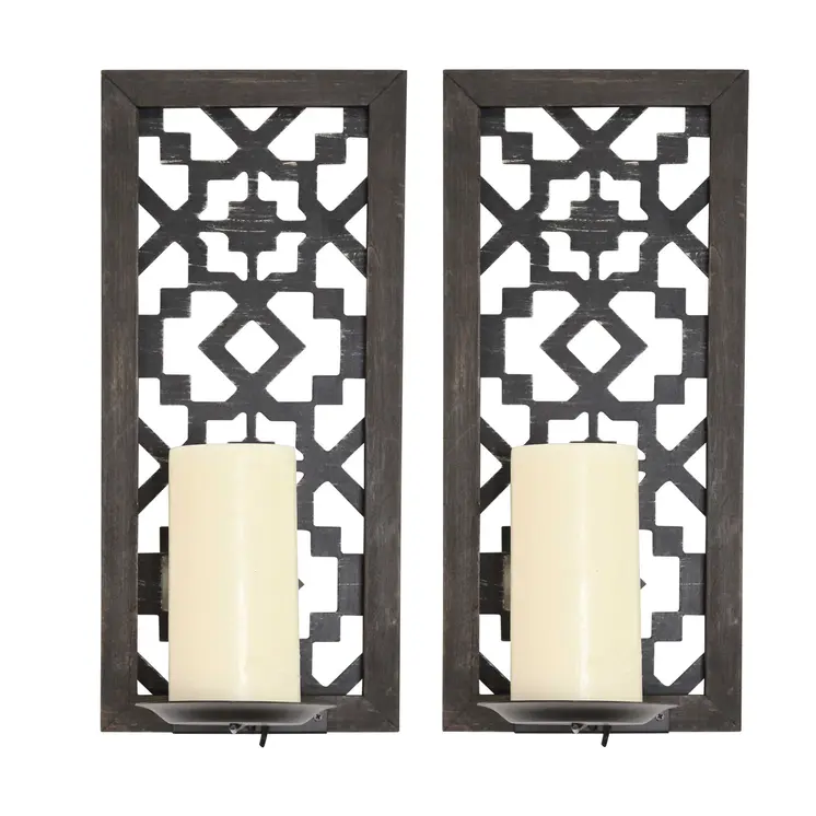 Set of Two Black Distressed Ornate Manufactured Wood And Metal Wall Sconce Candle Holders